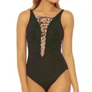 BLEU | Rod Beattie | Black Lace-Down One Piece Swim Suit, Animal Print Laces